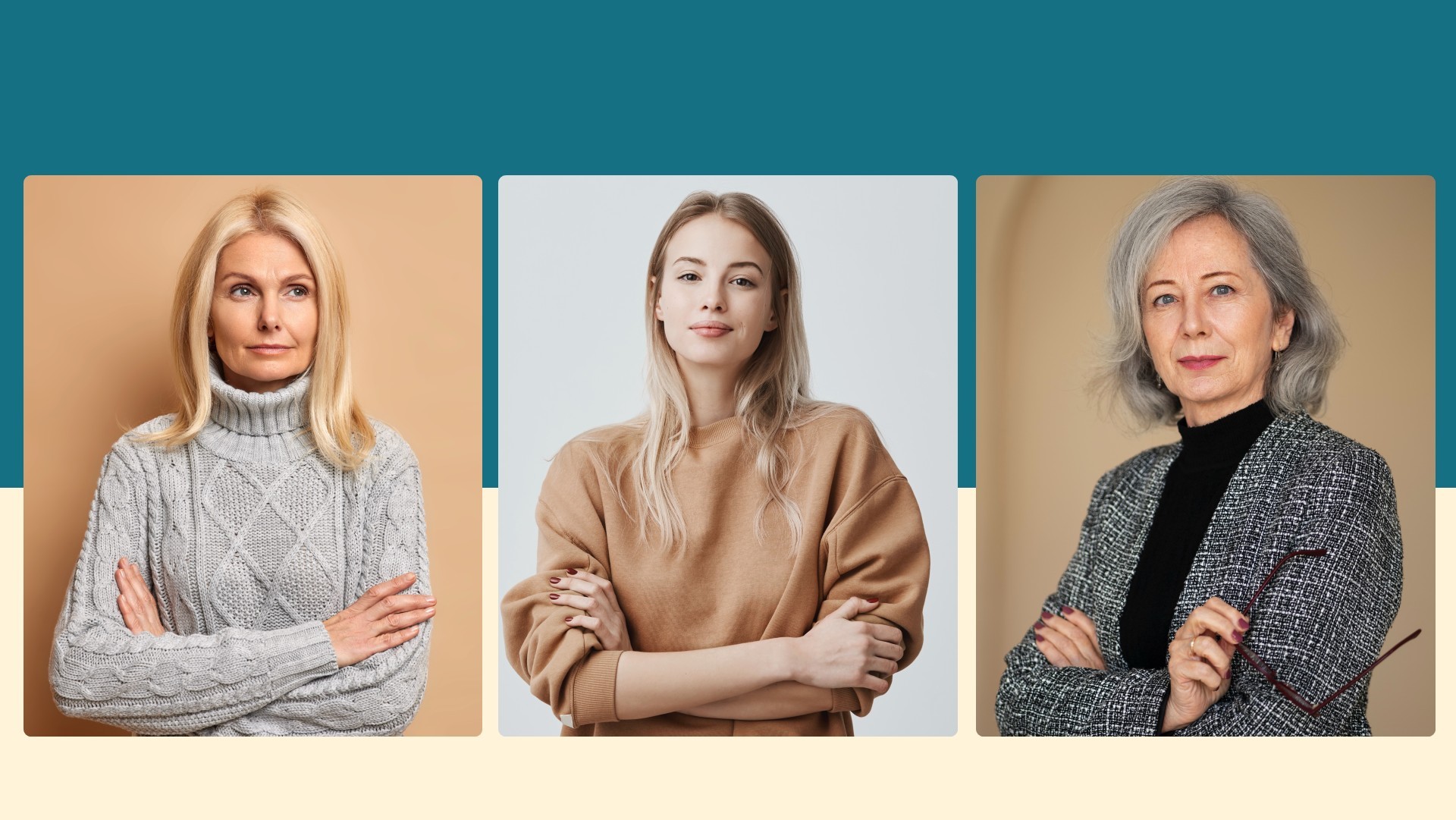 Es sind Portraits von drei Frauen unterschiedlichen Alters zu sehen. Sie schauen selbstbewusst in die Kamera.
